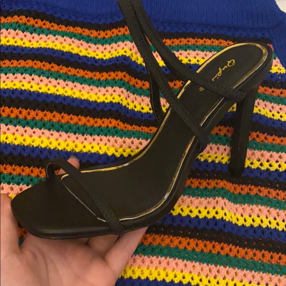 Black square toe heels.